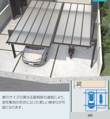 三協アルミ,カーポート,スカイリード,敷地対応力,屋根間口連結,奥行違い